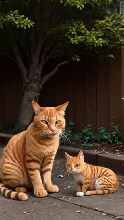 A cat is sitting on the ground next to a tree, an Orange Cat, Orange Cat, Orange Cat, The cat is orange, Cat Pictures, Orange Cat in mid action, Cat Pictures, very handsome, garfield the cat, Handsome, Cat attacks Tokyo, Portrait of Garfield, Beautiful photos of stray dogs, Tabacius, On the sidewalk