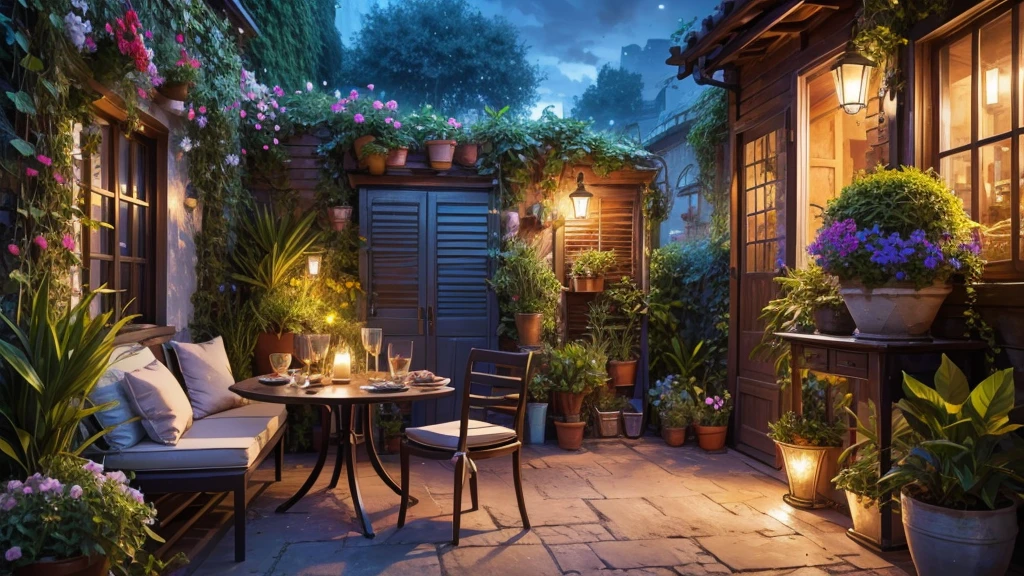 night,Picture of a patio with a table, Chair, Potted plants, Beautiful terrace, Cute style garden, Flowered cottage, Beautiful Home, Colorful flowers and plants, Beautiful garden, Green Terrace, Lush chic gardens, Lush outdoor flowers, Outdoor Design, Window with flower box, Balcony plants, Flower Environment, Beautiful plants, Realistic garden, Relaxing environment, 4K HD,, Beautiful Art UHD 4K, Beautiful artwork illustration, Beautiful digital painting, Highly detailed digital painting, Beautiful digital art, Detailed painting 4k, Highly detailed digital painting, Rich, picturesque colors, Gorgeous digital painting, not human