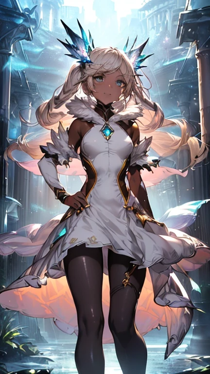 High resolution,Sharp focus,(Super detailed,Very detailed),(Very detailed CG unity 8k wallpaper),(((Vibrant colors))),
gran blue fantasy,Iooiklas,Platinum Blonde Hair,Twin tails, hair ornaments,
Complex eyes,Beautiful fine details,Symmetrical eyes,Big eyes:1.5,Seductive eyes, (((dark skin,dark_skin,lustrous skin:1.5,bright skin: 1.5,
skin tanned, shiny skin,very shiny skin,Shiny body,plastic glitter
skin,exaggerated shiny skin,illuminated skin))),
(,Detailed body,(Detailed face)), cute,Lewd,erotic,Bold,Camel toe revealing outfit,show skin,
(((Sexy aqua fur coat, Aqua fur coat outfit,
wearing a Ice Dress:1.3,aqua 冬 coat))), ((Ice Dress,elegant Ice Dress)),(White gloves,White clothes,(((Complex outfit,Complicated clothes,Embroidered costume,Glamorous costumes,Embroidered clothes,(((Glamorous clothing))),White Dress, skinsuit, Bodysuits, pantyhose,Black knee socks, Removable sleeves,Domineering smile,(Flying debris, 超High resolution),Wear an iridescent aura,
Invisible Light, Amazing shine, Neon orange glow, The colors of another world,Bright colors, Ghostly Effects,Side view,Stand with your legs shoulder-width apart,Hands on hips,Marble Temple,Stone pillars,
erection of nipple, see-through, pussy line, wet skin,
