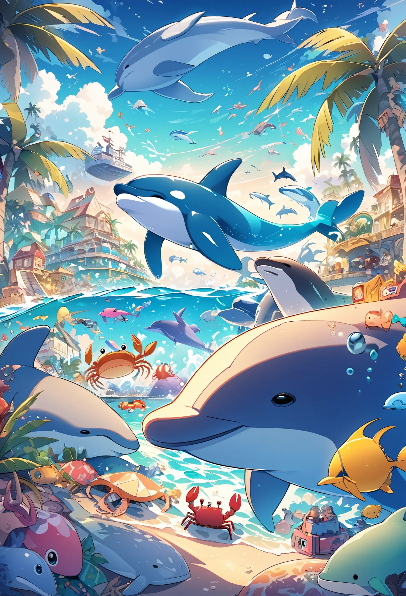 "Create a seaside landscape illustration, Sea of night,Whale, Dolphin, crab, Palm tree, Ships, A playful and colorful world of toys."