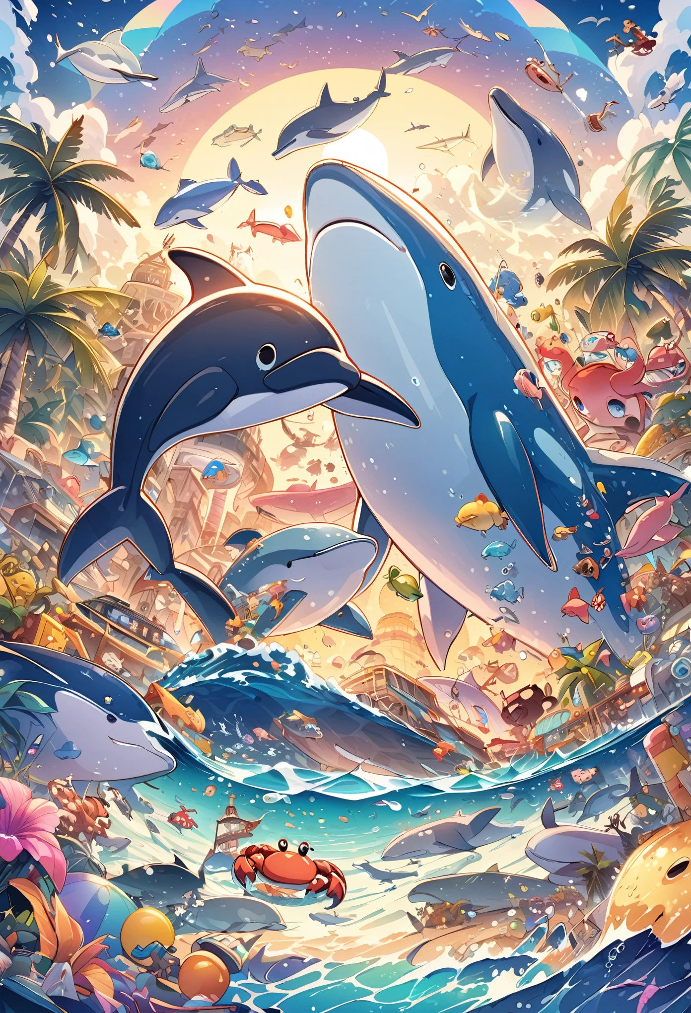 "Create a seaside landscape illustration, Sea of night,Whale, Dolphin, crab, Palm tree, Ships, A playful and colorful world of toys."