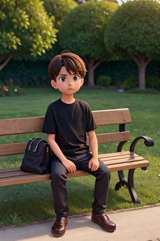 A imagem mostra um sentado em um banco de madeira, which is located near a fence. The boy is wearing a black shirt and appears to be looking at the camera. The bench is positioned in the middle of the scene, com a cerca estendendo-se para os lados esquerdo e direito da imagem. The boy's posture and the presence of the bench suggest that this could be a park or a similar outdoor environment.Gere essa imagem no estilo de anima