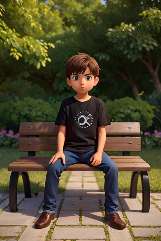 A imagem mostra um  sentado em um banco de madeira, which is located near a fence. The boy is wearing a black shirt and appears to be looking at the camera. The bench is positioned in the middle of the scene, com a cerca estendendo-se para os lados esquerdo e direito da imagem. The boy's posture and the presence of the bench suggest that this could be a park or a similar outdoor environment.Gere essa imagem no estilo de anima