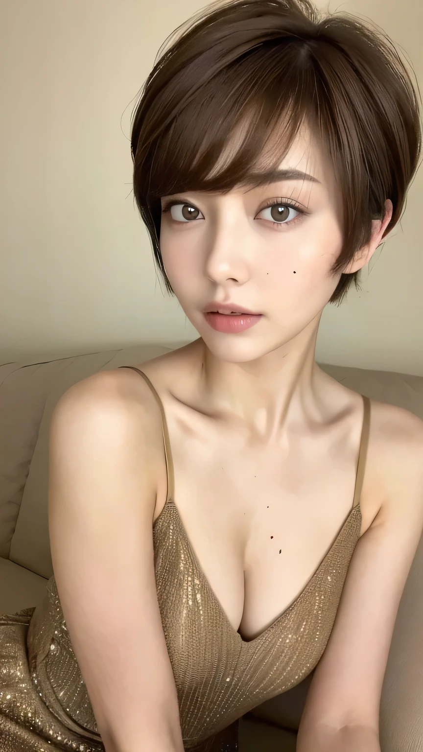 ((highest quality, 8k, masterpiece: 1.3)), 1 female, Japanese Idols,Sensual beauty: 1.3, (Hairstyle Brown Hair Pixie Cut, big: 1.2), Stylish nightwear: 1.1, Very friendly face, Delicate eyes, double eyelid, Mole, Sit on the sofa,Plump body,