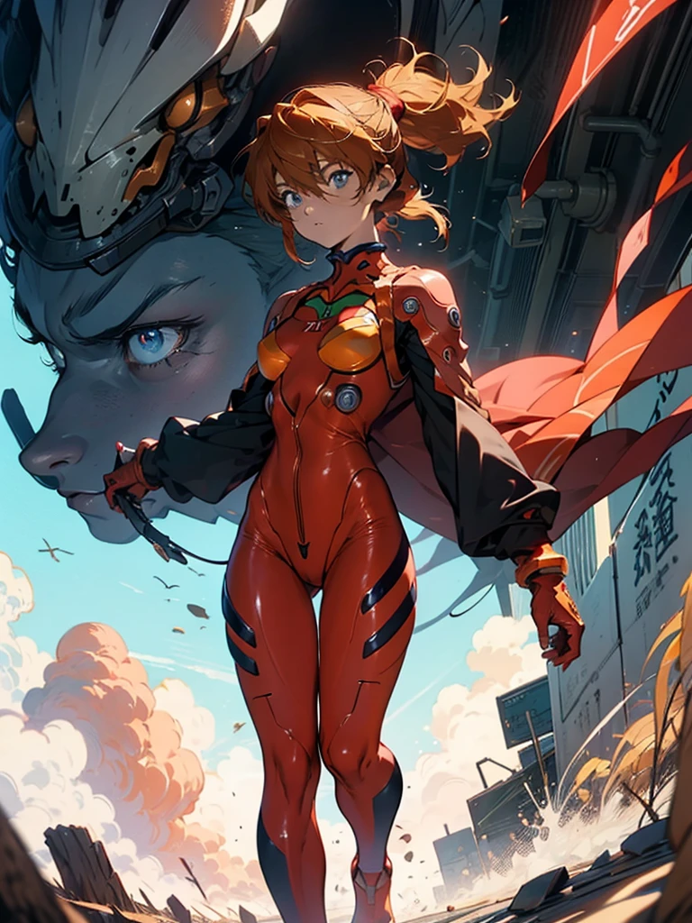 Asuka Langley Soryu，blue eyes，Hair between the eyes，Headwear，Interface Headset，Orange Hair，Battle costume，Action pose，Thick Coating，Cinematic Scene，Storytelling Images、, full body，Cinematic Angle
