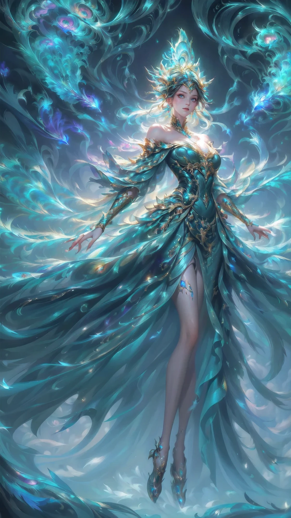 (((Front view shot illustration,full body,s fractal art))),Mechanical with peacock feathers as background,1girl,Mechanical joints,Transform limbs,mechanical punc,Peacock feathered punk,Circular background composition,insanely detailed and intricate, hypermaximalist, elegant, ornate, Fluorescent color, Look to the side, Beautiful face, Beautiful eyes, (Off-the-shoulder: 1.2), Upper body, Shiny hair, Shiny skin, Glow-emission cut, Finger proportions are coordinated, Dark, pov, dynamic angle, (((masterpiece))), (((best quality))), ((ultra-detailed)), (illustration), (detailed light), ((an extremely delicate and beautiful)), dramatic_shadow, ray_tracing, reflection, Super high resolution, laser