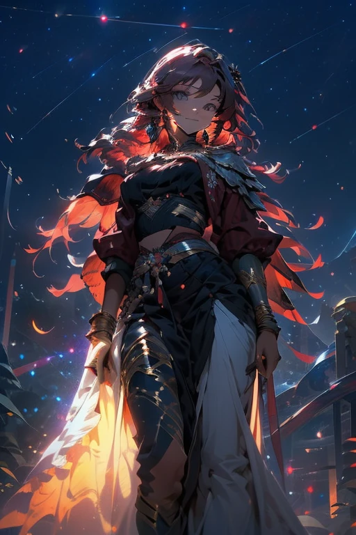 ((best quality)), ((masterpiece)), (detailed), beautiful girl with maroon colored hair surrounded by magic, modestly dressed and happy, looking up into the night sky