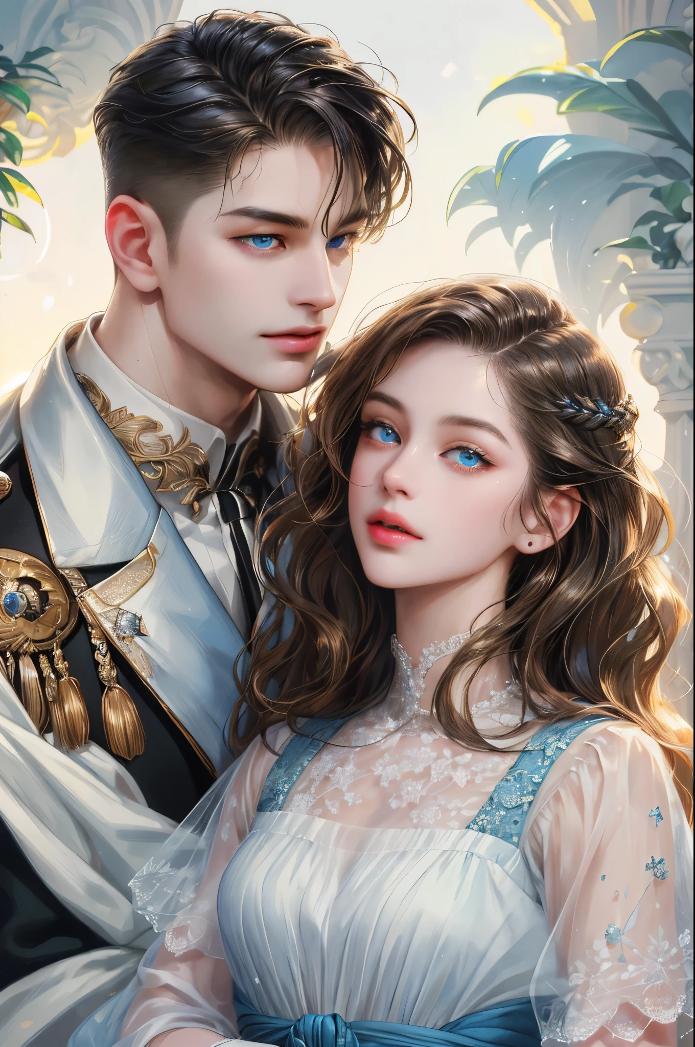 (absurdly , high quality , masterpiece , ultra detailed), ( detailed to hand ) (detailed to eyes) (detailed to face) , couples, 1 man (white undercut hair) (light brown eyes) and 1 woman (long blackhead wavy hair) (blue eyes) love ,pretty eyes , different hair color, fantasy, detailed background, soft light