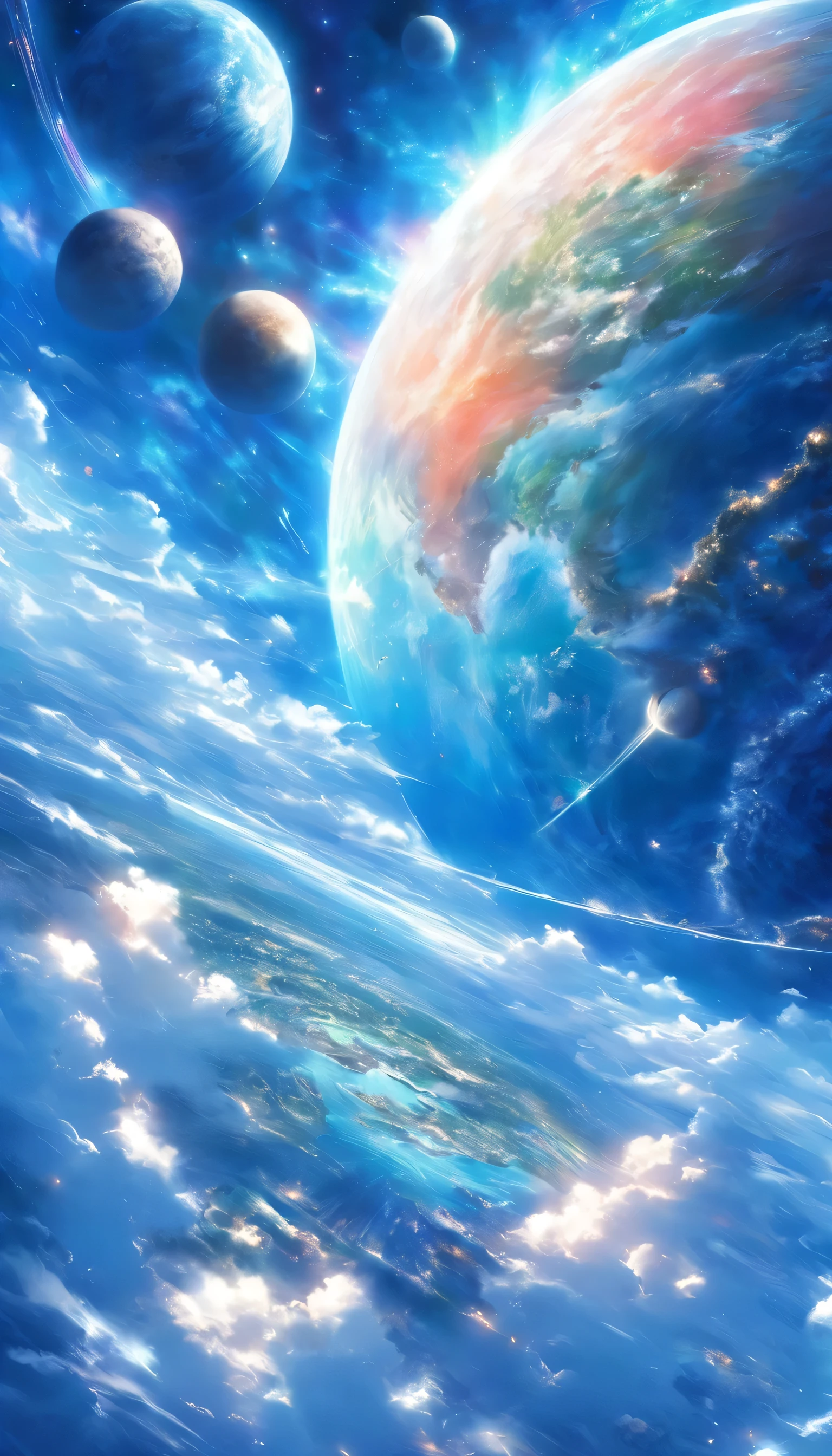 view from space, anime styled, huge blue planet, has three moons
