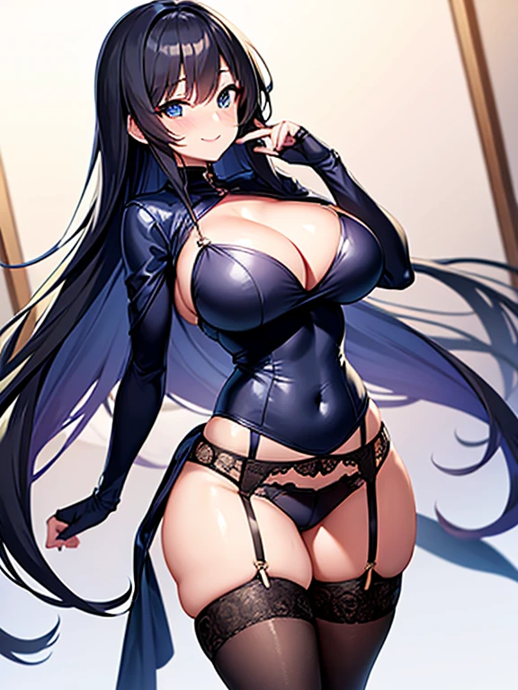 Woman knight, sexy body, big breasts, cleavage, big hip, stockings, garter belts, blushing, smiling, beautiful face, detailed face, very detailed eyes, long black hair, blue eyes, full body, high quality