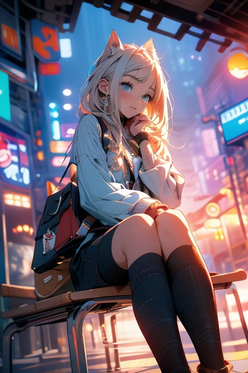 Relaxed character and white cat　anime girl sitting on a bench looking at the stars, anime art wallpaper 8 k, anime art wallpaper 4k, anime art wallpaper 4 k, 4k anime wallpaper, anime wallpaper 4k, anime wallpaper 4 k, anime style 4 k, 4 k manga wallpaper, watching the sun set. anime, anime girl desktop background, anime wallpaper, anime background