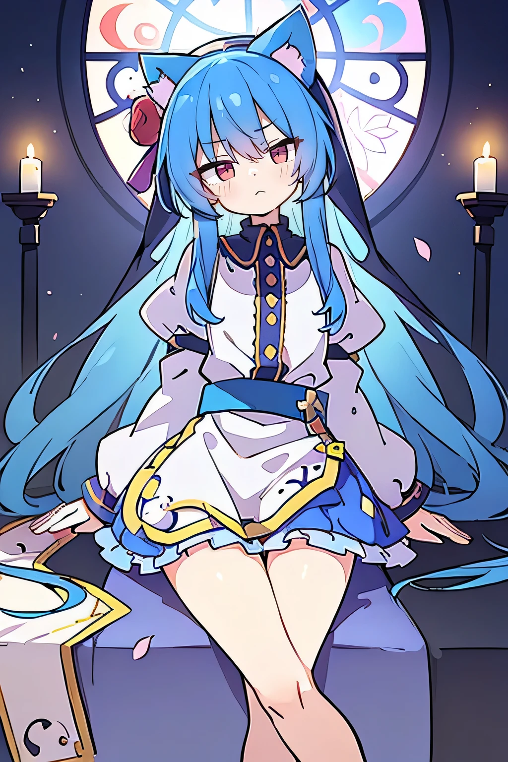 (masterpiece:1.2),Extremely detailed,Practical,expressive eyes,Fair skin,Perfect face shaping,1 Girl,
Japanese cartoons,Gorgeous blue hair, the long flowing blue hair,Floating clothes,Cat ears,Petals fall,beautiful lola,Young Angel,
Place your hands on your waist,sit elegantly on the ground,Cross your legs,Gentle and peaceful background,church,nun.