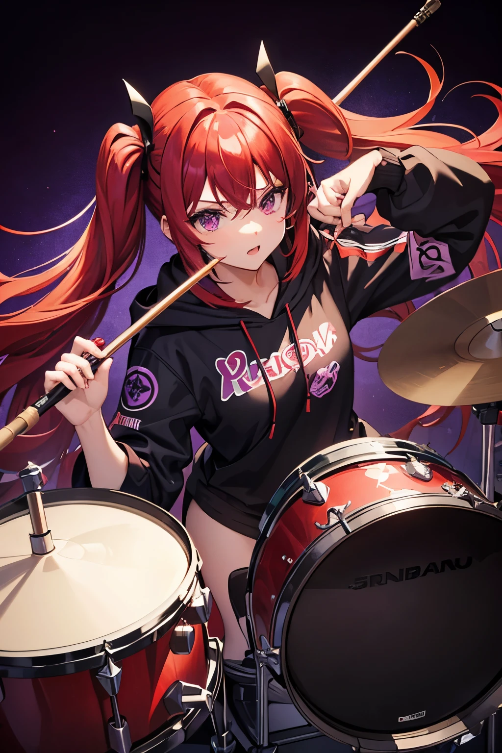 background through, long hair、straight hair、Crimson red hair girl, purple eyes、Super high quality, 8K、Upper body、purple background、drummer、black hoodie、purple drum、big tits, Crimson red-haired girl、black hoodie,purple line, playing drum, drum stick, playing drum,twintails
