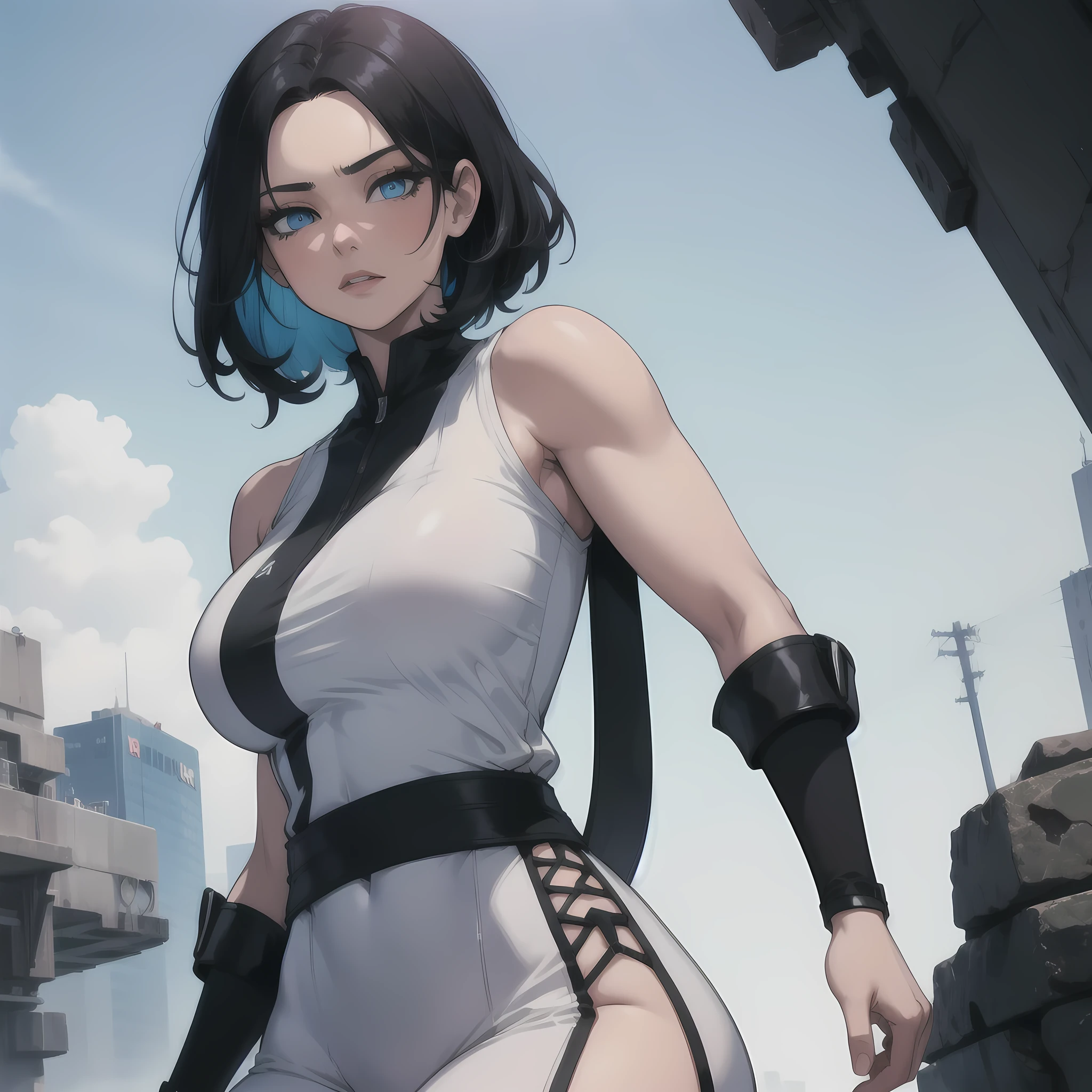 A wasit up solo portrait, Masterpiece Quality, complex details, close-up shot, color-defused, of a tall, athletic, martial goddess with long dark black hair, luminescent blue eyes, pale grey skin, and a thick hourglass body, dressed in elegant martial attire.