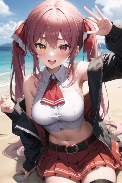 masterpiece, highest quality, High resolution, bb Marine, Twin tails, Heterochromia iridis, Red Ascot, Expose your shoulders, Red Shirt, Bare arms, Sleeveless, See through, (A leotard worn under clothing:1.2), Covered navel, belt, Pleated skirt, Red Skirt, Black knee socks, smile, wave hands, Open your mouth, Outdoor、Girl