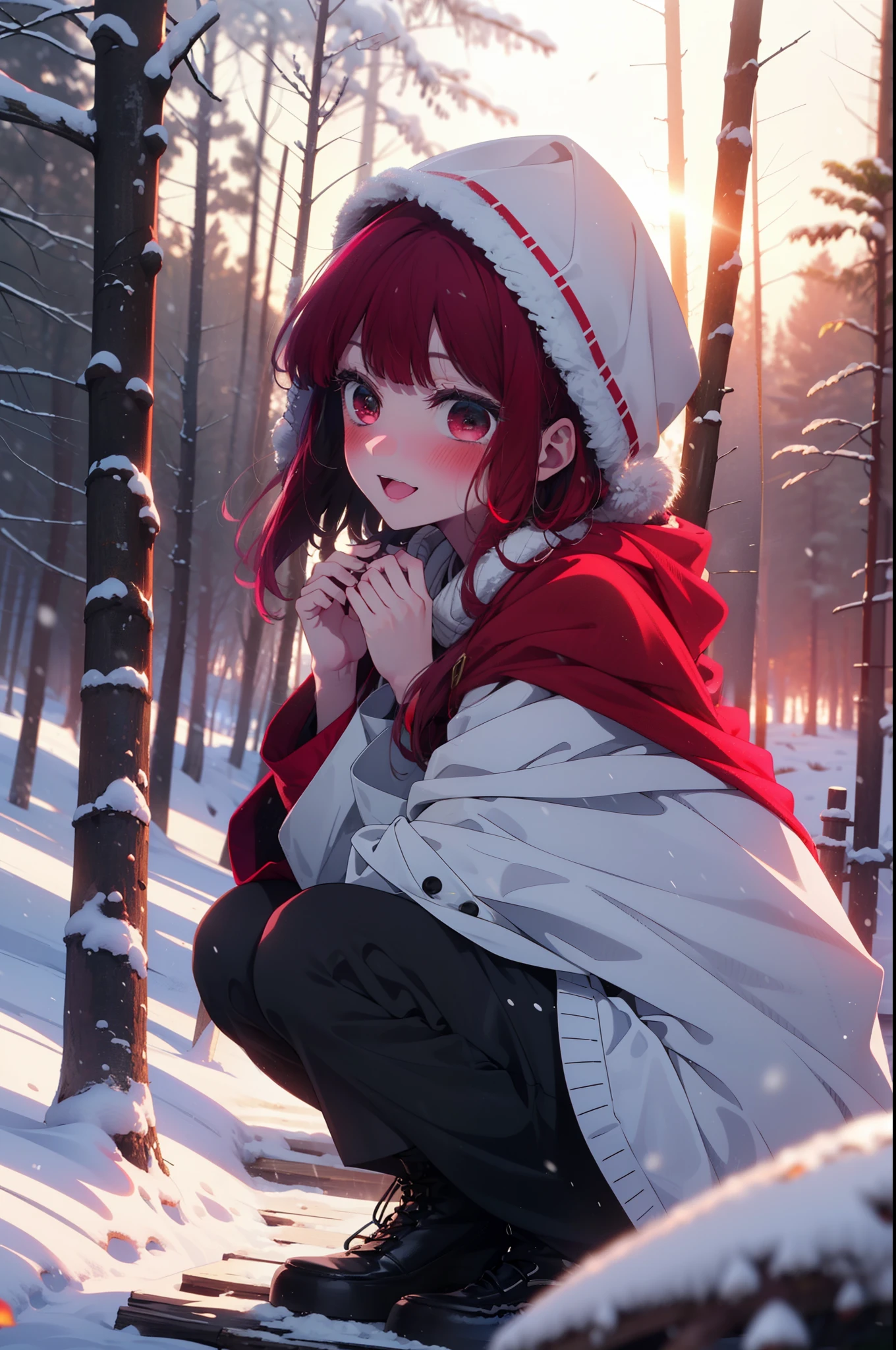 canary, Arima etc.,  Long Hair,bangs, (Red eyes:1.3), Redhead, smile,Small breasts,ribbon,smile,blush,White Breath,
Open your mouth,snow,Ground bonfire, Outdoor, boots, snowing, From the side, wood, suitcase, Cape, Blurred, , forest, White handbag, nature,  Squat, Mouth closed, Cape, winter, Written boundary depth, Black shoes, red Cape break looking at viewer, Upper Body, whole body, break Outdoor, forest, nature, break (masterpiece:1.2), highest quality, High resolution, unity 8k wallpaper, (shape:0.8), (Beautiful and beautiful eyes:1.6), Highly detailed face, Perfect lighting, Highly detailed CG, (Perfect hands, Perfect ???????),