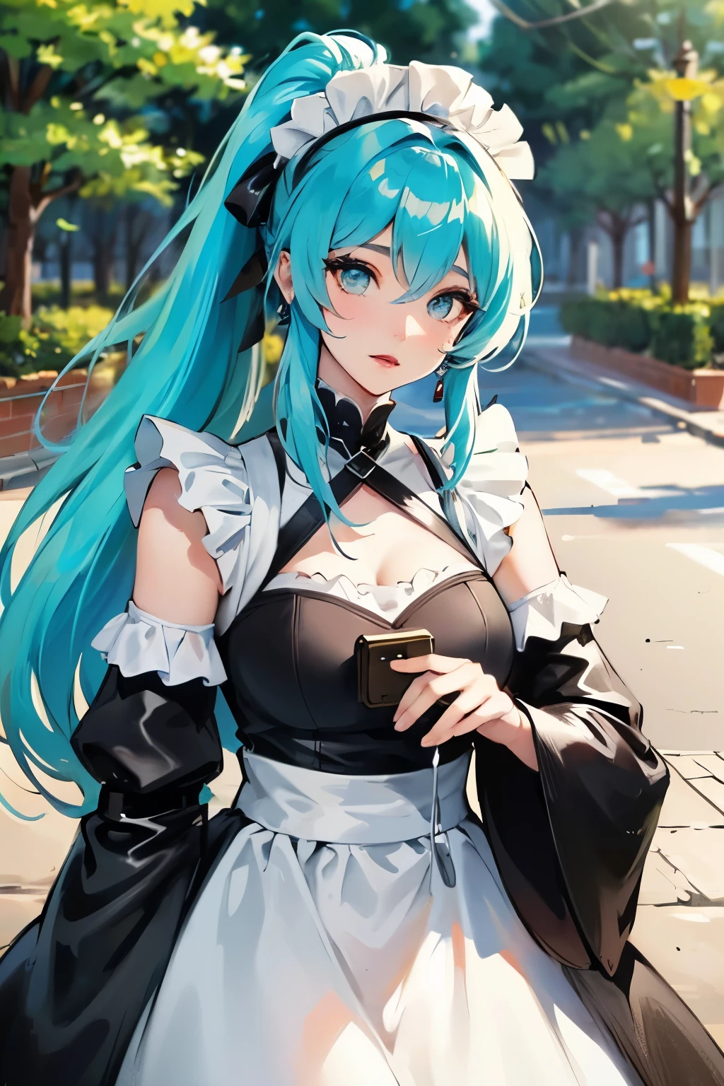 ((best quality)), ((masterpiece)), (detailed), Beautiful girl with perfect face,(Cyan hair),Long hair,Single ponytail,(()),Tall,Hot body,Maid costume outdoors,Vision,middle Ages,noble,