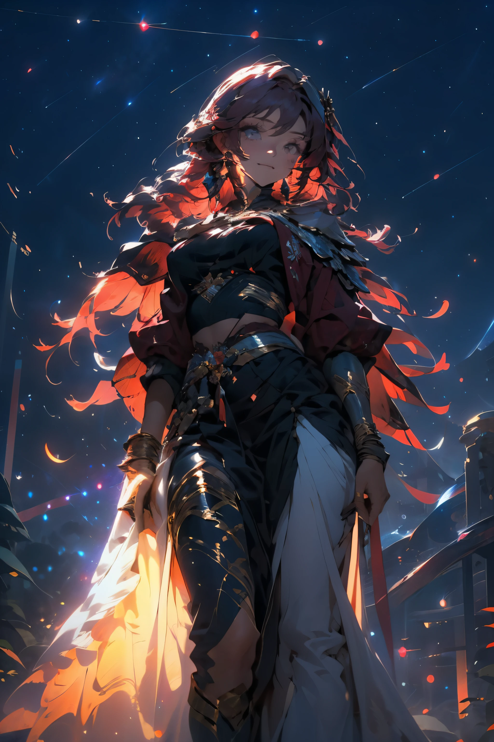 A woman in armor standing in front of a city at night - SeaArt AI