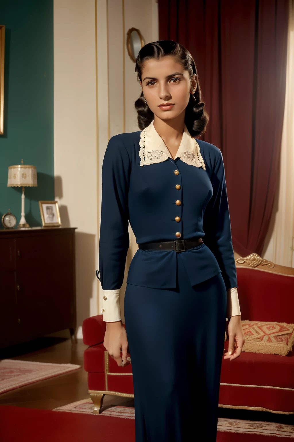 Tetouan, 1940. A young ((((29-year-old)) Sira Quiroga)), beautiful, skinny, in a luxurious living room, ((worried expression)), ((((clothings from the 1940s)))), ((hairstyle of the 1940s)), ((colorful))