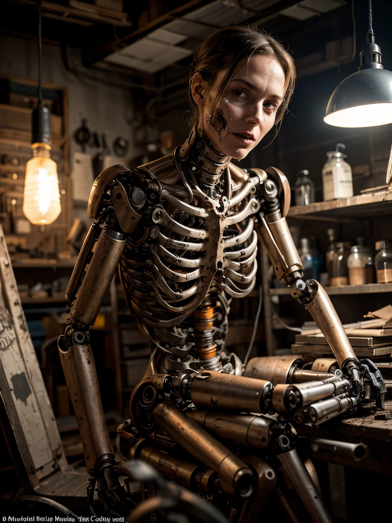 raw photo, old cyborg , (mechanical body, mechanical arms, mechanical legs), (rusted body), (very old cyborg), repairing itself in an old workshop, dim light, little light, dim colors, gothic atmosphere, cyberpunk style, the best  quality, masterpiece, detailed mechanical face, looking at camera