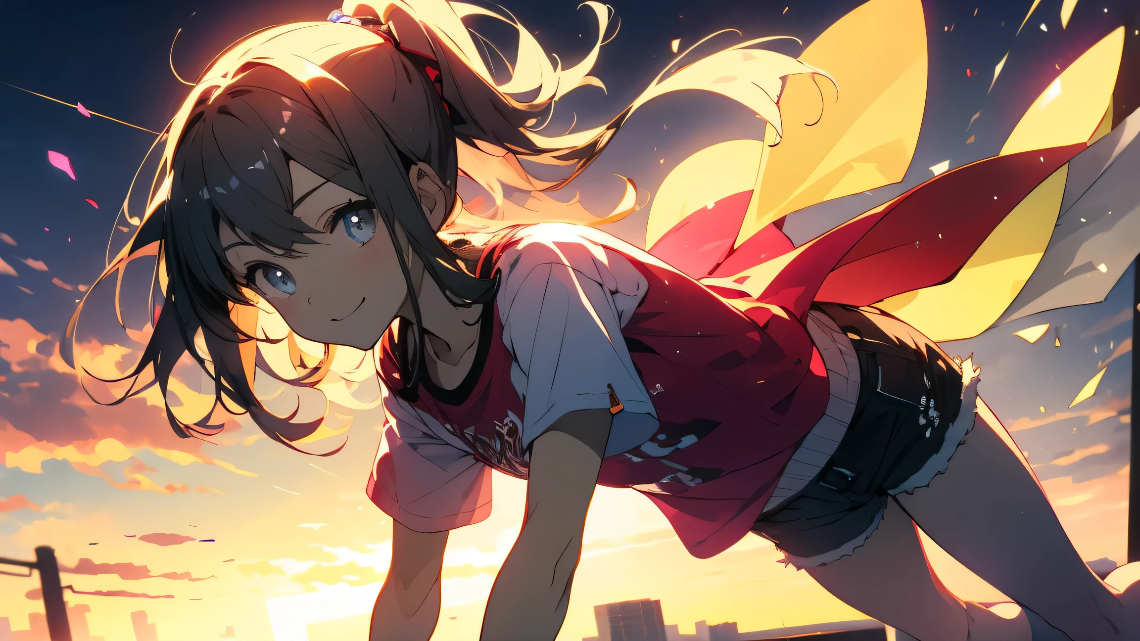 (highest quality、masterpiece、High resolution、detailed)、(Shining Eyes、Beautiful Face)、1 girl、(T-Shirts,Shorts),smile,short boots,outskirts、Slope background、Beautiful Anime