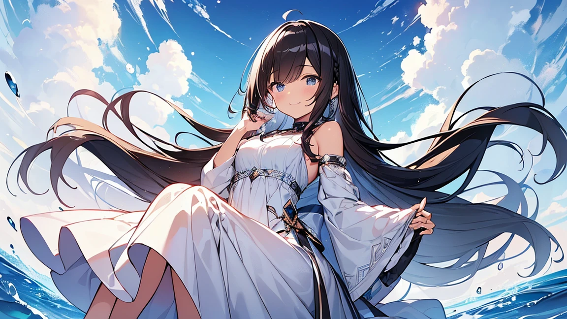 (An incredibly absurd absolute solution: 1.5), highest quality, masterpiece, Ultra-high resolution, 8k, Summer sky, early summer, (Have, Wide-leg trousers, No sleeve), Display manga style , One, Soft Line Art, Digital Enhancement, Shojo Manga Touch, shojo manga core, Flowing fabric, close, ( Shoulder-length hair and short braids)), Wet Hair, soft drawing, fluffy, soft, Beautiful black hair, Clear Eyes, (((A kind smile)), Ultra-Definition Digital Anime Art, Clear facial depiction, Super detailed girl cartoon character art, Distinct facial features, Ultra-detailed manga style, highest qualityの色, Hands, Look up at the sky, Angle that allows you to see all the way to your feet, zIntertwined:1.3,Mandala、Intertwined、beautifully、aesthetic
