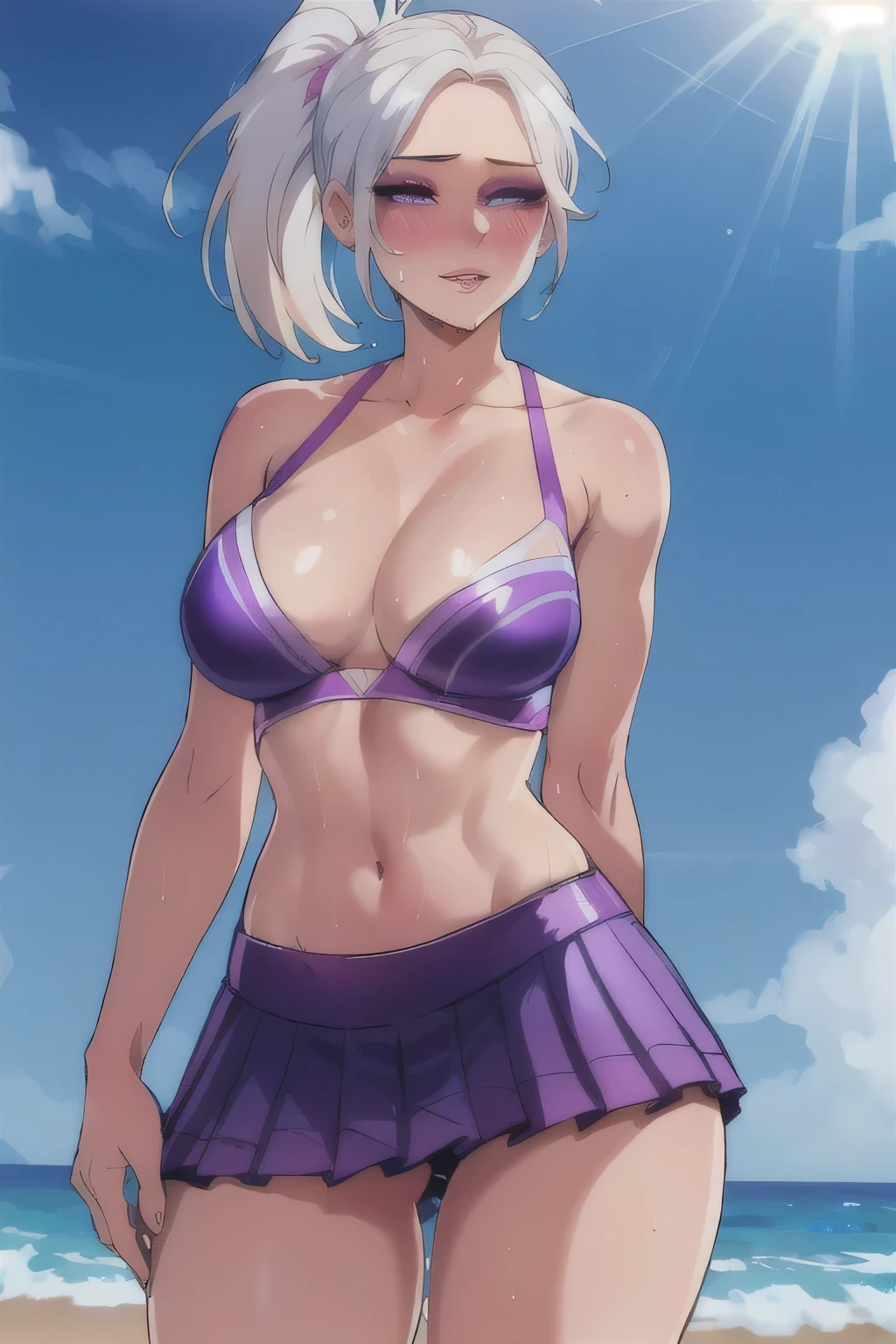 realistic, 1girl, ponytail, parted lips, blush, makeup, light smile, white hair, sportswear, skirt, wet clothes, glow, thighs, purple eye, bare shoulders, collarbone, narrow waist, sunbeam, sunlight, rose, wind, cleavage, (masterpiece), sweat,