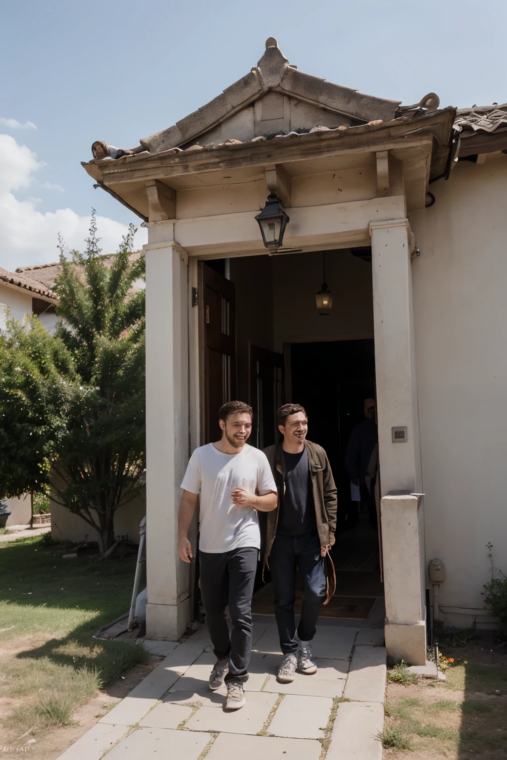 una persona llendo a visitar a su hermano despues de mucho tiempo, adultos, animado, buena calidad, 2 hombres, el hermano le habre la puerta asu otro hermano, se ven felices, emocionados, campo, casa de adobe,