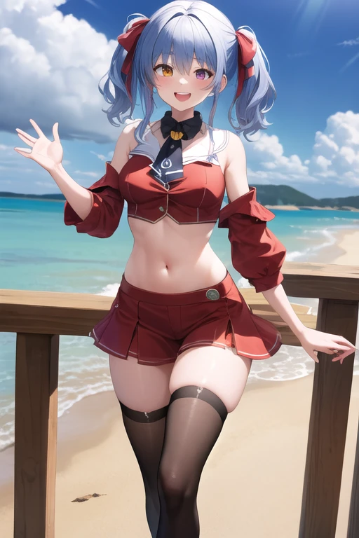 masterpiece, highest quality, High resolution, bb Marine, Twin tails, Heterochromia iridis, Red Ascot, Expose your shoulders, Red Shirt, Bare arms, Covered navel, Black knee socks, smile, wave hands, Open your mouth, Outdoor、Girl