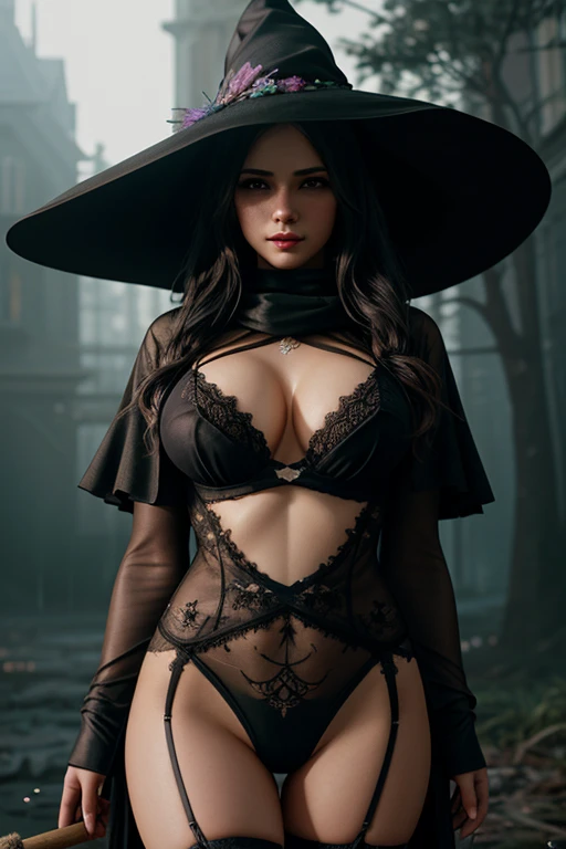 Realistic fullbody shot portrait painting of a beautiful witch in a black see-through witch dress, witch hat, scarf, pastel color, intricate details, fantasy, universe, intricate magical embroidery, broom in hand, very detail hair, very detail eyes, (nsfw:1.2), big breasts, cleavage, garter belt, sexy, blush, rainy background, [elden ring|d & d] concept art, rpg portrait, octane render, cinematic lighting, (soft shadow:1.2), close up, depth of field, splash art, art by wlop and, greg rutkowski