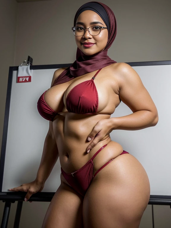 (portrait) (full body photo), A gorgeous matured  teacher stand behind white board,((35 year old)), ((malay women)), curvy fit body shape, bigger ass, busty, huge thighs, (wearing daring micro bikini stockings), ((hijab)), flirt smile on camera, school classroom, glasses, back view, pov, solo, single, ass pov, (SFW), bare shoulder, skin texture, ultra high res, RAW, instagram LUT, masterpiece, best quality, ultra-detailed, ultra high resolution, RAW, 4k, (looking at viewer), extremely detailed eyes and face, (beautiful detailed nose), (beautiful detailed thigh), (beautiful detailed eyes), perfect body proportion, (looking at the camera), smirk, red lips, (bare belly's),