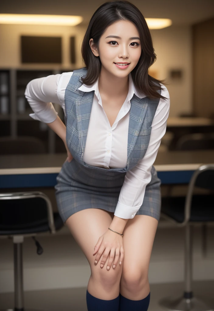 ultra-detailed, (perfect anatomy:1.3999), (close-up shot, front view:1.399), (ultra beautiful perfect detailed smile face:1.3999), (finely ultra-detailed eyes:1.3999), slim waist, curvy hourglass figure, perfect and proportional body, (((glamorous athletic Japanese girl in her twenties, leaning upper body forward, put one hand on bent knee, put another hand on hip, put one knee forward:1.25))), beautiful Asian actress face, ((thick thighs:1.399)), fit curvy physique, inverted body type, attractive feminine curves, ((gigantic breasts:1.25)), (((thick voluptuous arms and legs:1.399))), feminine curvy figure, (style of plump voluptuous body), (plain black over-the-calf socks, bare knees:1.25), masterpiece, highres, best quality, (realistic), photo-realistic, RAW photo, ultra-detailed, CG, unity, 8k wallpaper, extremely detailed CG, extremely detailed, an extremely delicate and beautiful, extremely detailed, Amazing, finely detail, official art, High quality texture, incredibly absurdres, huge file size, photorealistic, ((office-lady, white long-sleeved business shirt, pink plaid vest, navy business skirt)), (lynn, mature female:1.25), plump, 