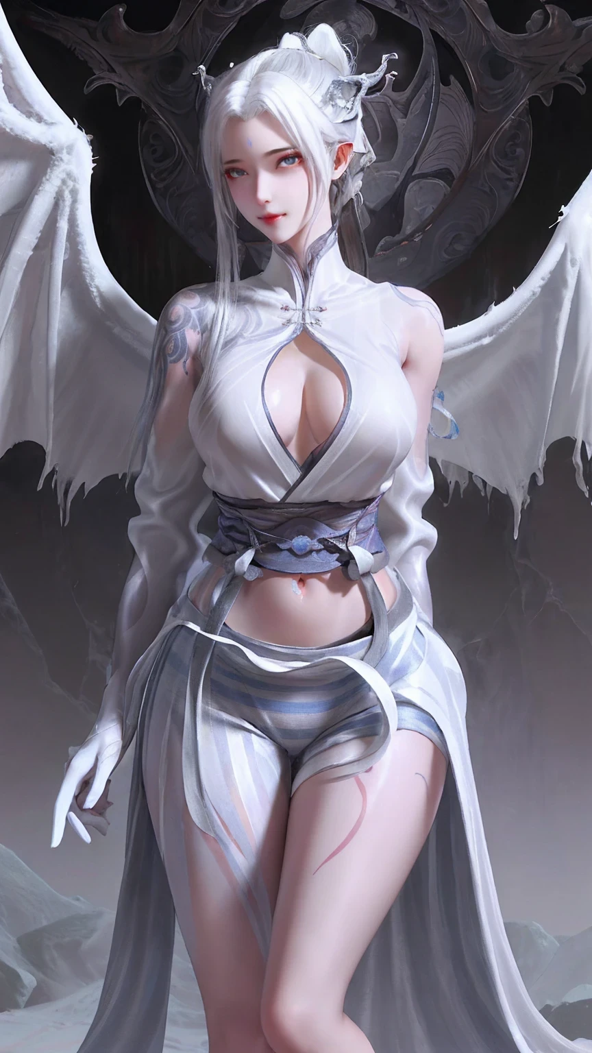 White hair girl, High Ponytail Hairstyle, Sports Tops, Oversized bust, Succubus, (((Succubus tattoo on lower abdomen))), Transparent Super Tight Low Rise Ribbon Pants, (((ultra-low waist))), Full body image, Sexy girl, Sexy, Happy laughter, Shy, (((Exposed lower abdomen))), Expression, There is a peach heart in the eye, (Detailed drawing of eyes), Sexy Long legs, Thin waist, Sweat dripping down my waist, (Exposing the belly), ((Succubus tattoo extreme detail portrayal))), Wings of Ice and Fire, Front squat, Dark lock method, 2D Blush, crazy, Monster Girl, toy doll, Fangs, Slobber, Pink Hair, Asymmetrical bangs, Transparent clothing, Hands on thighs, Look away, 8k resolution, missionary, Raise an eyebrow, Shiny hair, Flower head, Wristband, Band-Aid a white hair、Close-up of woman wearing white mask, Beautiful character painting, guweiz, Gurwitz-style artwork, White-haired god, author:Yang Jie, Epic and beautiful character art, Stunning character art, author:Fan Qi, by Wuzhun Shifan, pixiv Art Street Guweiz, Single ponytail, insult, High Ponytail, tall and big, Long legs, (Sleeveless lace shirt), (shorts), (Striped )), ((Striped )), Walk, elegant, dignified, woman, Beautiful curves, sweet smile, Strong sense of detail and layering, rich and colorful, Has a unique texture, rich and rich and colorful, color, vivid, design art, 16K, Ultra Detailed, {{illustration}}, {Extremely refined}, {Exquisite surface treatment}, Ultra Detailed, Delicate and shining eyes, {{Movie Lighting}}, Extreme lighting effects, Model: realism, CFG size: 12, Laura: Bright texture (1.35), high quality, masterpiece, Exquisite facial features, Delicate hair depiction, Detailed depiction of the eyes, masterpiece, best quality, Ray Tracing, Extremely detailed CG unified 8k wallpaper, masterpiece, best quality, (1 girl), Perfect woman figure, (((White tight T-shirt))), beautiful eyes, (Delicate face), Black short hair, Tie your hair up, Light blue hairpin, Black Silk Frame Glasses, In class, (White sk