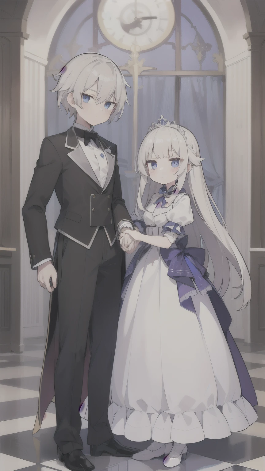 A princess with long platinum blonde hair and blue eyes,A picture of a silver-haired, purple-eyed boy serving as a servant standing and holding hands