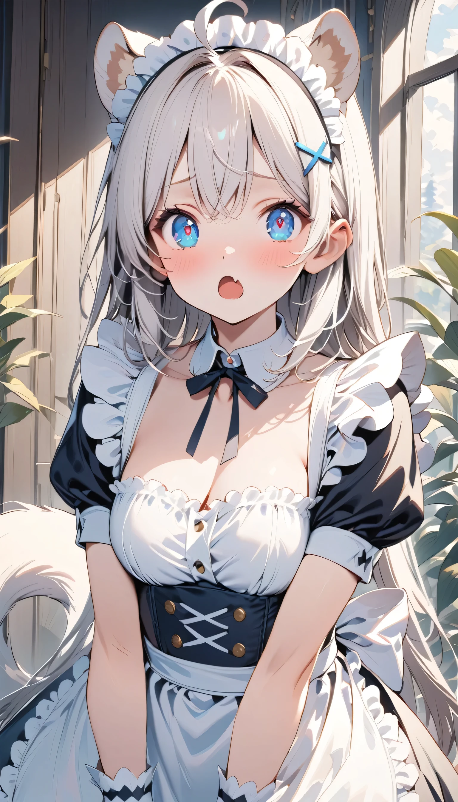 {{{masterpiece}}}, {{{best quality}}}, {{ultra-detailed}}, {beautiful detailed eyes}, 1girl, solo, ((white hair)), very long hair, blue eyes, (straight hair), (bangs), animal ears, (stoat ears:1.2), Choker, ahoge, fang, (big stoat Tail:1.2), (blue X hairpin), (cute maid outfit), shocked ,girl ,aesthetic,Eyes
