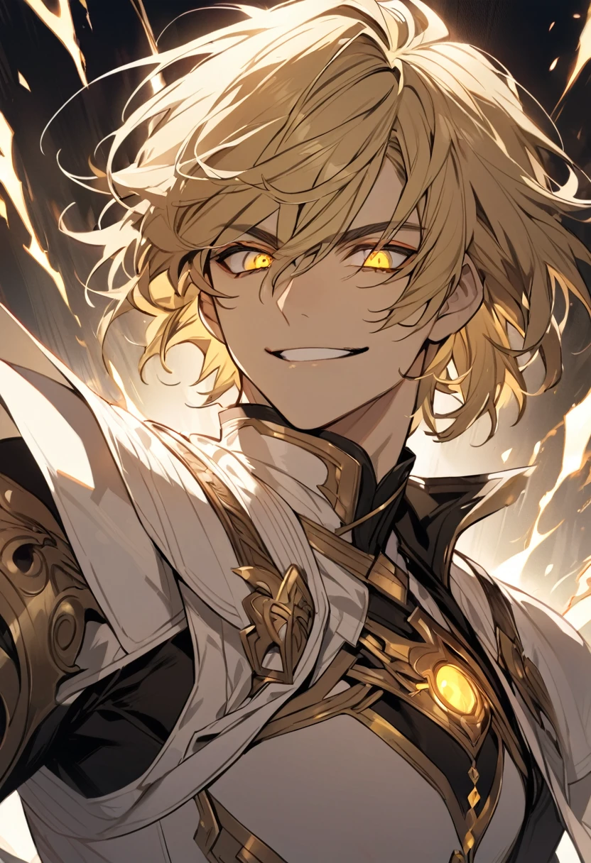 handsome, solo, 1 male, short hair, blonde hair, sharp eyes, gold eyes, white clothes, lighting, fantasy, smile facial