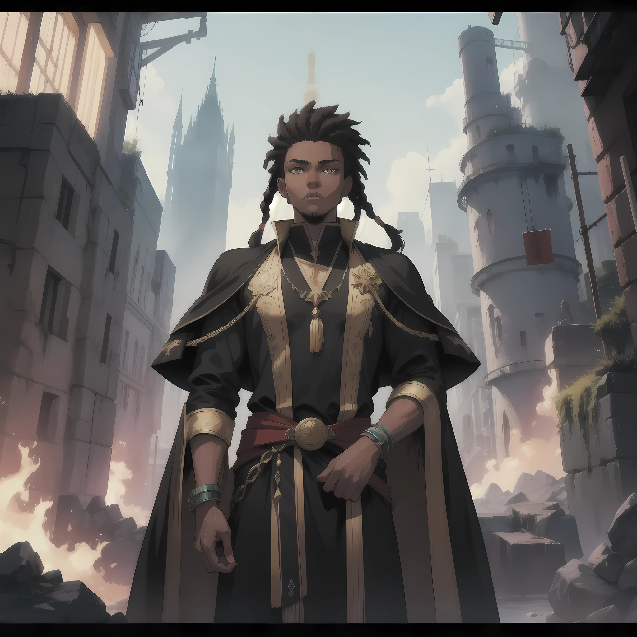 A wasit up solo portrait, Masterpiece Quality, complex details, close-up shot, color-defused, of a young African-American prince, with short black dreadlocks, and golden eyes, dressed casually, mage, he's a sorcerer, Sci-fi, Fantasy