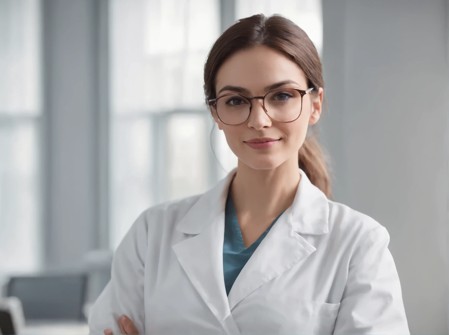 female doctor in a modern, minimalistic office setting. She is wearing a white lab coat, stylish glasses, and her hair is pulled back neatly. The doctor is sitting at her desk with medical books and a laptop open in front of her. It is daytime and sunlight filters through a large window behind her, casting a warm glow across the room. The room has a clean, simplified look with light colors and minimal furnishings, emphasizing a calm and professional atmosphere. She is looking directly at the camera with a friendly, reassuring smile, portraying a sense of confidence and approachability.