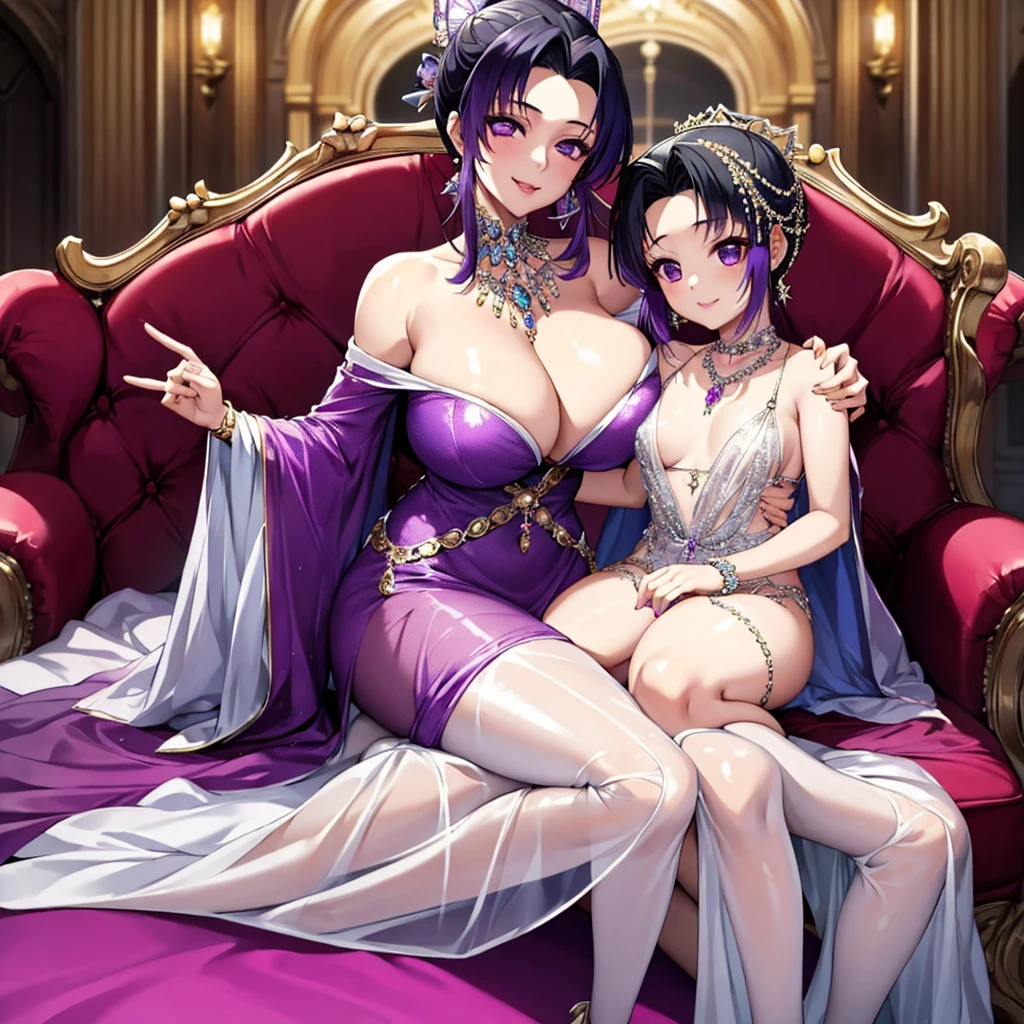 ((highest quality)), ((masterpiece)), (detailed), （Perfect Face）、The woman is Shinobu Kochou and has purple hair.、（The woman is wearing a luxurious, voluminous, shiny purple long slit see-through dress and a purple furry see-through cape.、She is wearing jeweled earrings and necklaces, bracelets and ankles, jeweled waist chains and head dress chains, a gorgeous, open, detachable, see-through dress skirt, purple shiny boots, and a gorgeous engagement ring. Her 6--old ghter is standing next to her.）、（She is smiling and cuddling with her 6-year-olughten a gorgeous outfit in a large plush chair.）、The 6-year-old girl gs toe woman as if she is being pampered.