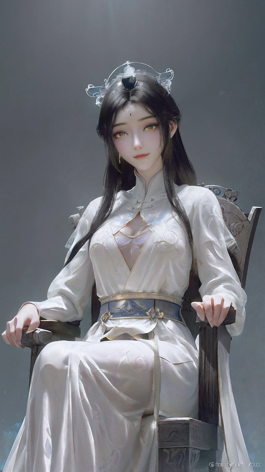 (Masterpiece:1.2), best quality, (illustration:1.2), (ultra-detailed), hyper details, (delicate detailed), (intricate details), (cinematic light, best quality Backlights), clear line, from below, solo female, perfect body, (1girl), white hair, glowing yellow eyes, (emperor, black see-through clothes),(crown:1.1), sitting on Throne, slightly close eyes, looking downward, turn head, ( shy:1.2), ((makeup)), high contrast, (best illumination, an extremely delicate and beautiful), ((cinematic light)), colorful,