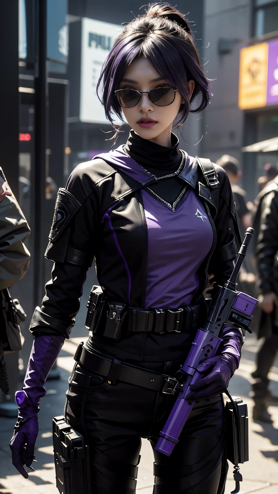 8K, UHD, masterpiece, 1 girl, detailed face, smart face, ((sunglasses)), detailed eyes, sniper rifle in hand, battleroyal, call of duty cosplay, call of duty modern warfare 3, ((ghost tribe)), ((purple and black cosplay:1.5)), belts, gun, methic gun, futuristic art, cyberpunk lihting, ultra extreme graphics, RTX 4090, ray tracing, bloom, depth of field, motion blur,