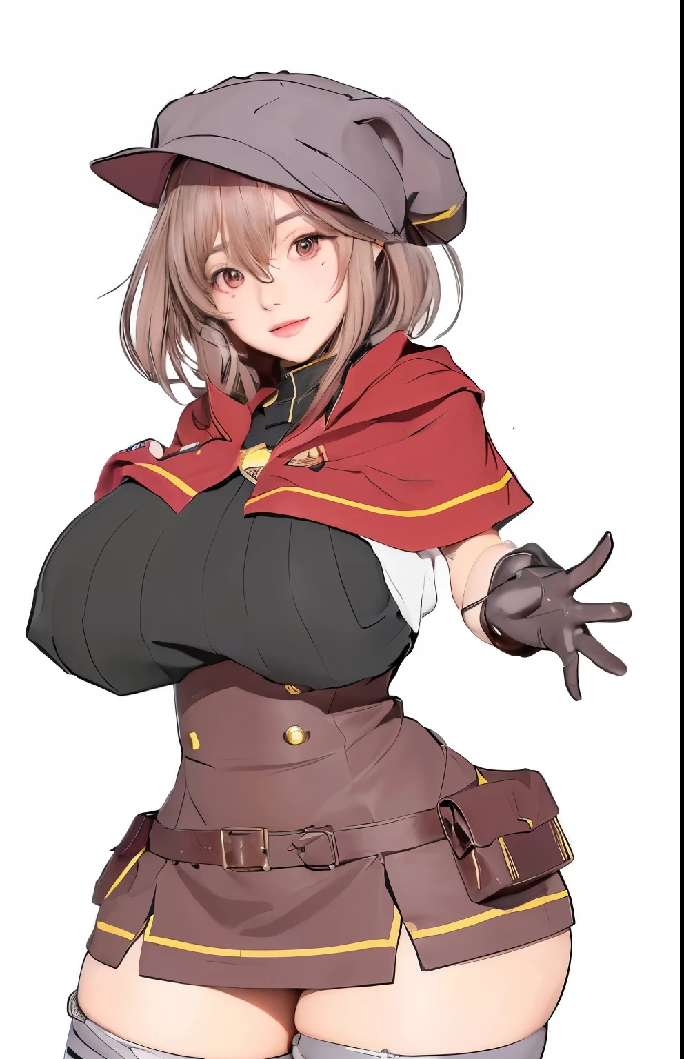 Anime girl in uniform with hat and gloves, Female protagonist 👀 :8, , Megumin, half invoker half Megumin, Megumin from konosuba, Alchemist Girl, anime flirting magic handsome witch, have a coat, thick, Ayaka Genshin Impact, automotive girl witch, heavy shading, Zero Chan