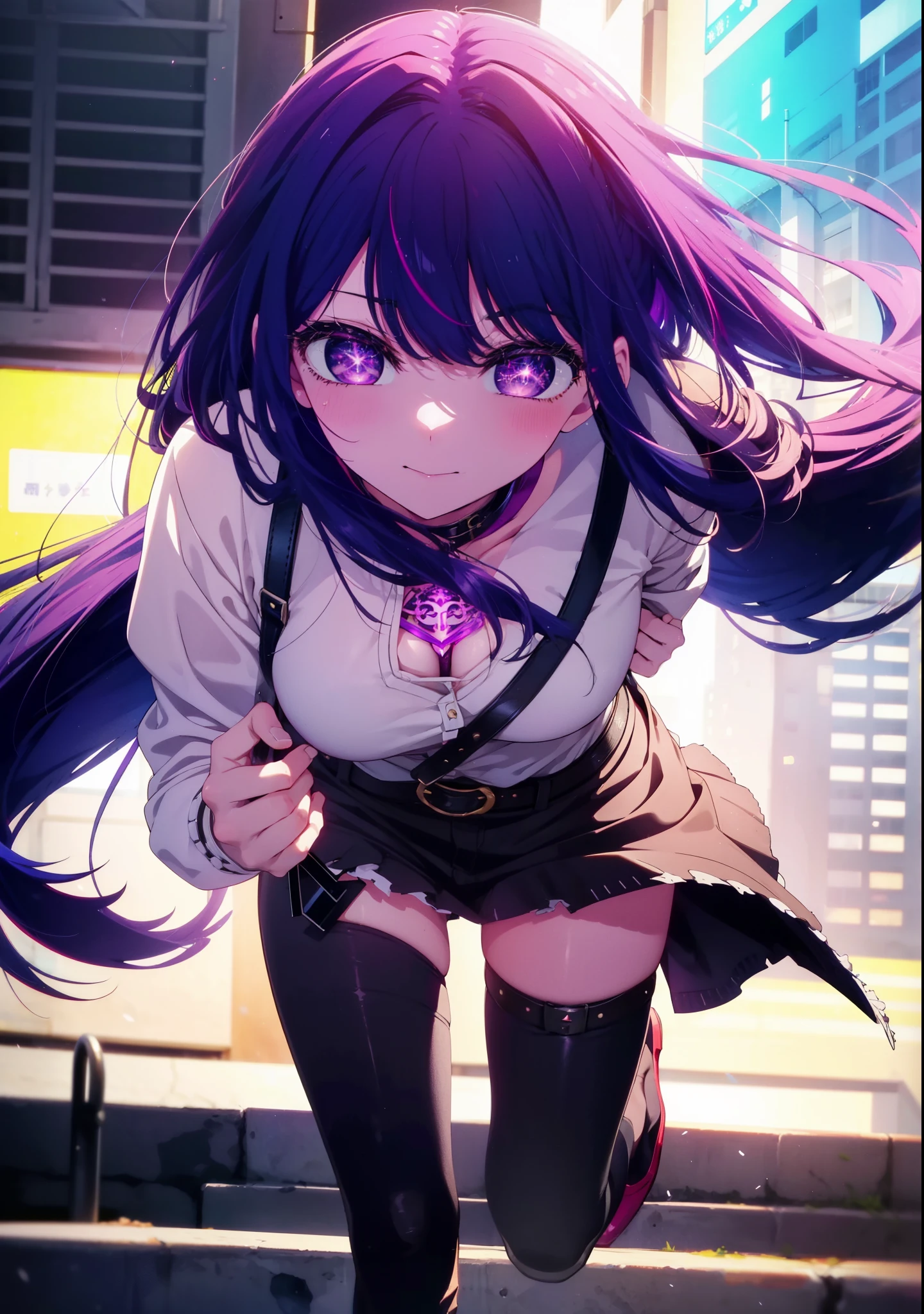aihoshino, Ai Hoshino, Long Hair, bangs, (Purple eyes:1.1), Purple Hair, (Symbol-shaped pupil:1.5), smile,Medium chest,happy smile, smile, Close your mouth,
Tight waist, skinny, Big eyes,Long legs,Ripped jeans,Leather Belt,Leather Belt,Stiletto heels,Place your right hand on your hip,Looking up from below,So that the whole body goes into the illustration,
break outdoors, In town,ビル街
break looking at viewer, So that the whole body goes into the illustration,
break (masterpiece:1.2), highest quality, High resolution, unity 8k wallpaper, (figure:0.8), (Beautiful fine details:1.6), Highly detailed face, Perfect lighting, Highly detailed CG, (Perfect hands, Perfect Anatomy),