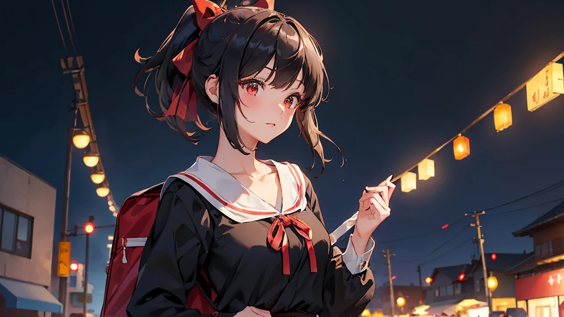 masterpiece, highest quality, Very detailed, 16k, One Girl, spring, high school, Warm colors, school bag, 正確でVery detailedな背景, Mr...々 in uniform, cute. break. Kaguya Shinomiya, Red eyes, Black Hair, ribbon, red ribbon, hair ribbon, Parted bangs, Folded ponytail, , Shuchiin Academy , dress, Side Lock, chest, black dress, clavicle, short hair, Long sleeve