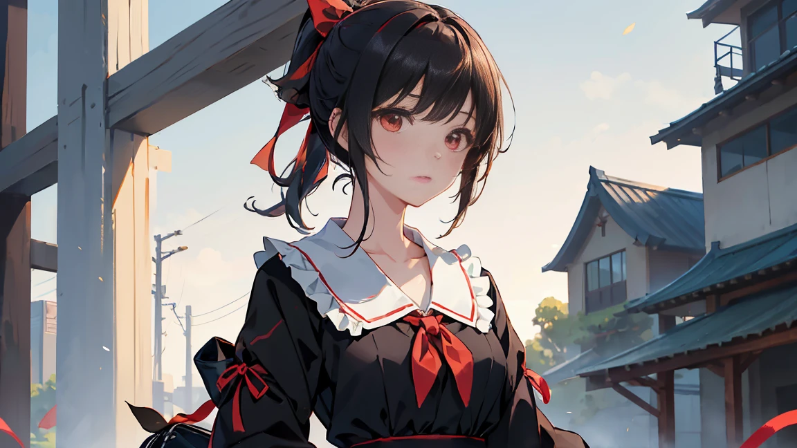 masterpiece, highest quality, Very detailed, 16k, One Girl, spring, high school, Warm colors, school bag, 正確でVery detailedな背景, Mr...々 in uniform, cute. break. Kaguya Shinomiya, Red eyes, Black Hair, ribbon, red ribbon, hair ribbon, Parted bangs, Folded ponytail, , Shuchiin Academy , dress, Side Lock, chest, black dress, clavicle, short hair, Long sleeve