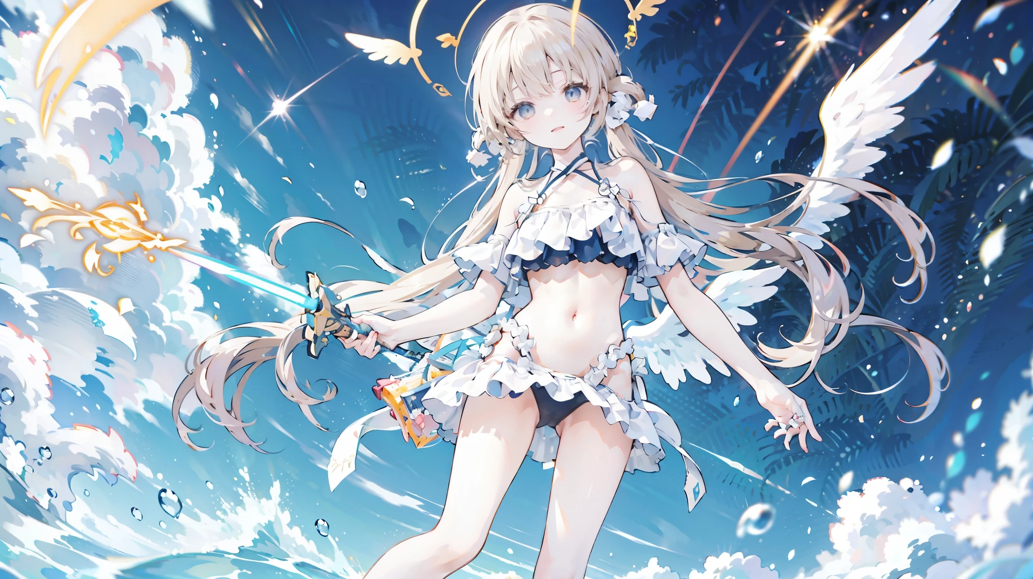 Landing on the ground, golden hair, very long hair, large wings, Valkyrie, angelic ring, sacred, holding a sacred sword in his left hand, divine clothing, watching from a distance, dagger floating, a ray of light