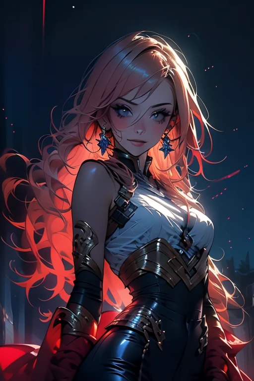 ((best quality)), ((masterpiece)), (detailed), beautiful girl with maroon colored hair surrounded by magic, modestly dressed and happy, looking up into the night sky