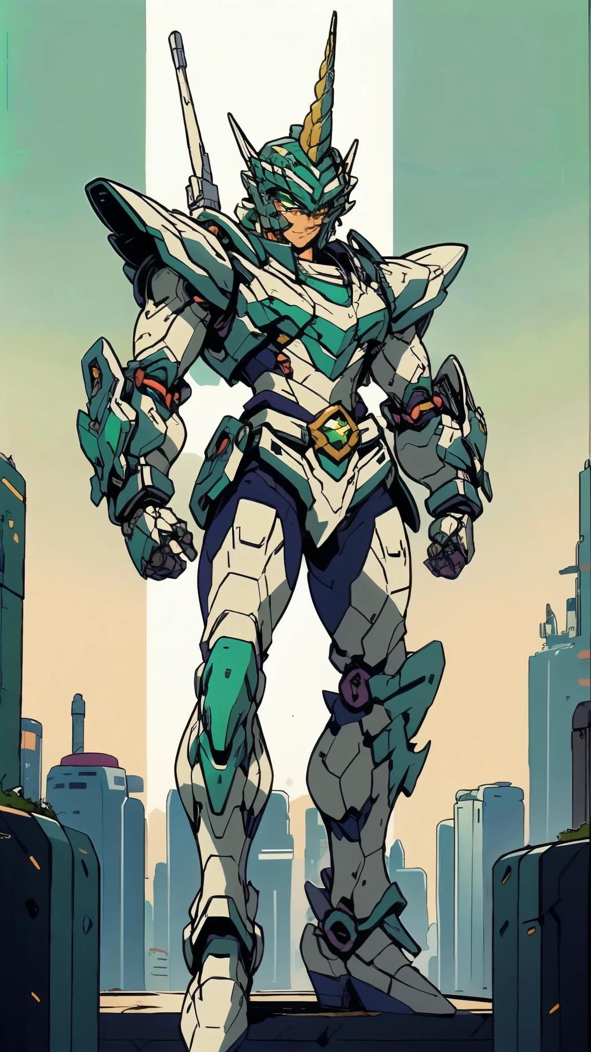 A man wearing a full-face helmet, a fantasy-style biotech armored combat suit, green eyes, (a composite layered chest armor), fully enclosed shoulder guards, matching arm and leg guards, the belt is adorned with Horseshoe-shaped marker, (the color scheme is primarily white with green accents), the design balances heavy with agility, a high-tech bio-mecha armor, (Armor Concept Inspired by Unicorn, stand on the top of a skyscraper in a futuristic sci-fi city), this character embodies a finely crafted fantasy-surreal style armored hero in anime style, exquisite and mature manga art style, (battle damage, element, plasma, energy, the armor glows), ((male:1.5)), metallic, real texture material, dramatic, high definition, best quality, highres, ultra-detailed, ultra-fine painting, extremely delicate, professional, perfect body proportions, golden ratio, anatomically correct, symmetrical face, extremely detailed eyes and face, high quality eyes, creativity, RAW photo, UHD, 32k, Natural light, cinematic lighting, masterpiece-anatomy-perfect, masterpiece:1.5