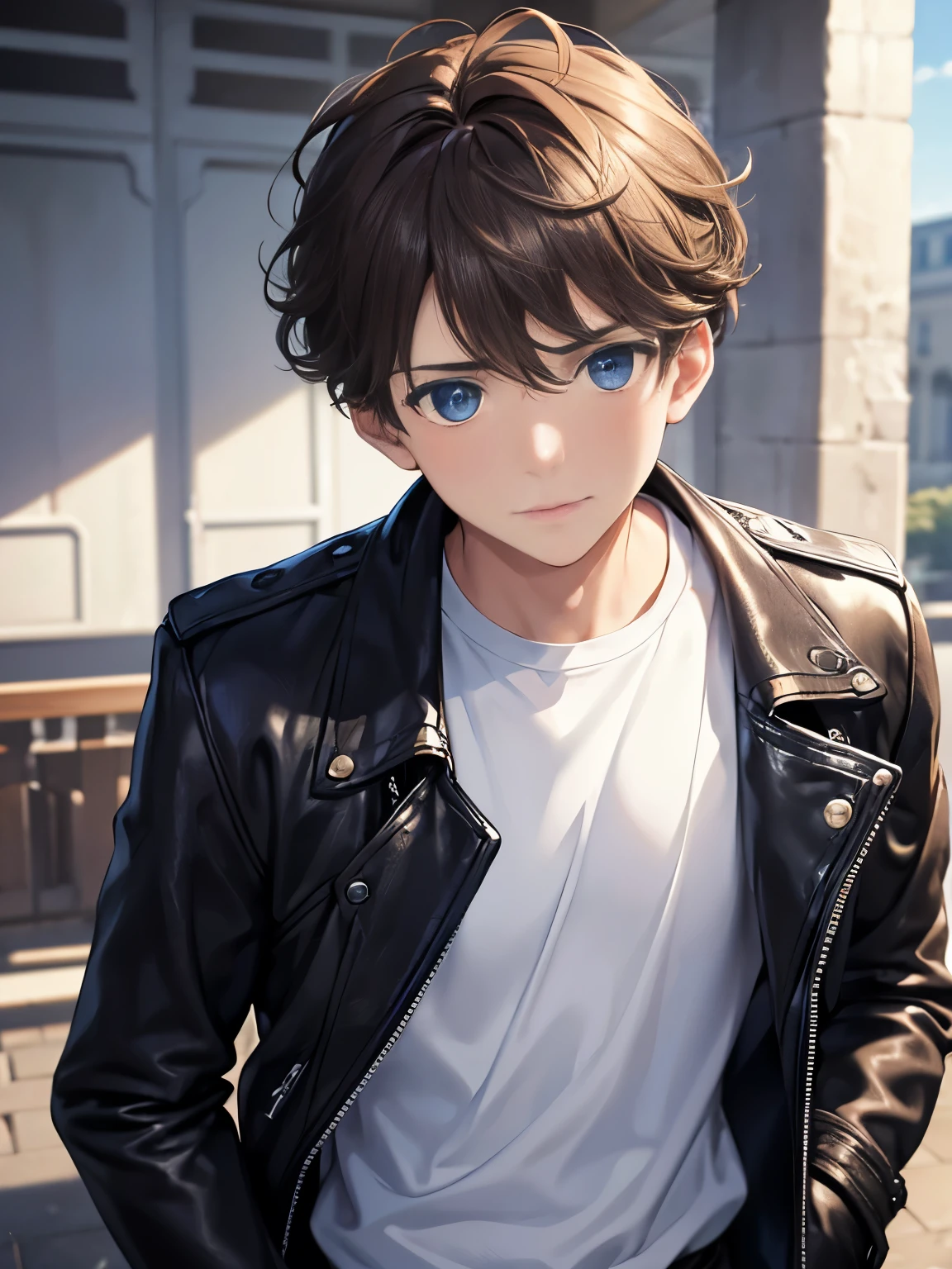 1boy,guy,Standing, sad expression, close up photo,Focus on the face, 18 years old,Curly hair,blue eyes,medium hair,undercut hairstyle,light brown hair,black jacket,Leather jacket,white t-shirt,white trousers,morning,ultra detail,masterpiece