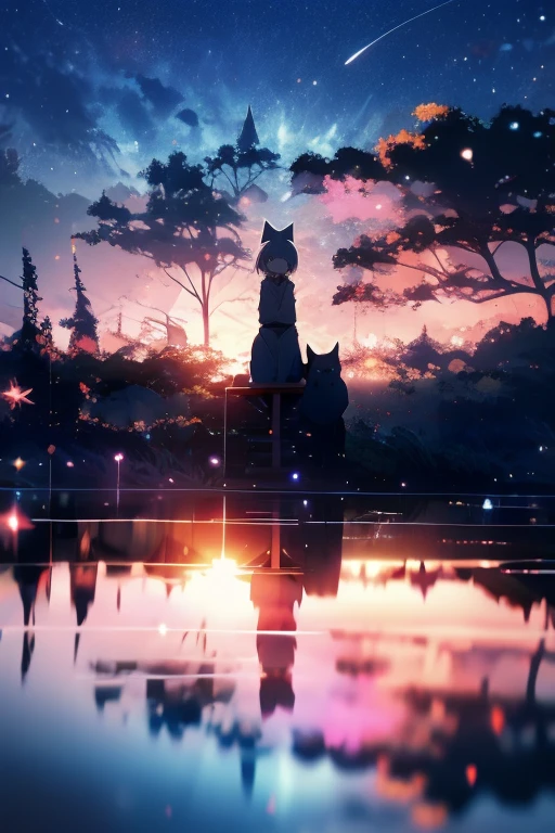 Relaxed character and white cat anime girl sitting on a bench looking at the stars, anime art wallpaper 8 k, anime art wallpaper 4k, anime art wallpaper 4 k, 4k anime wallpaper, anime wallpaper 4k, anime wallpaper 4 k, anime style 4 k, 4 k manga wallpaper, watching the sun set. anime, anime girl desktop background, anime wallpaper, anime background